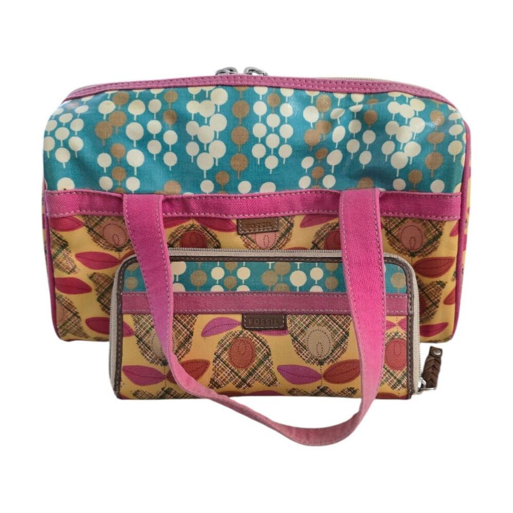 Vintage Fossil Floral Boston Bag Coated Canvas Satchel and Matching Wallet